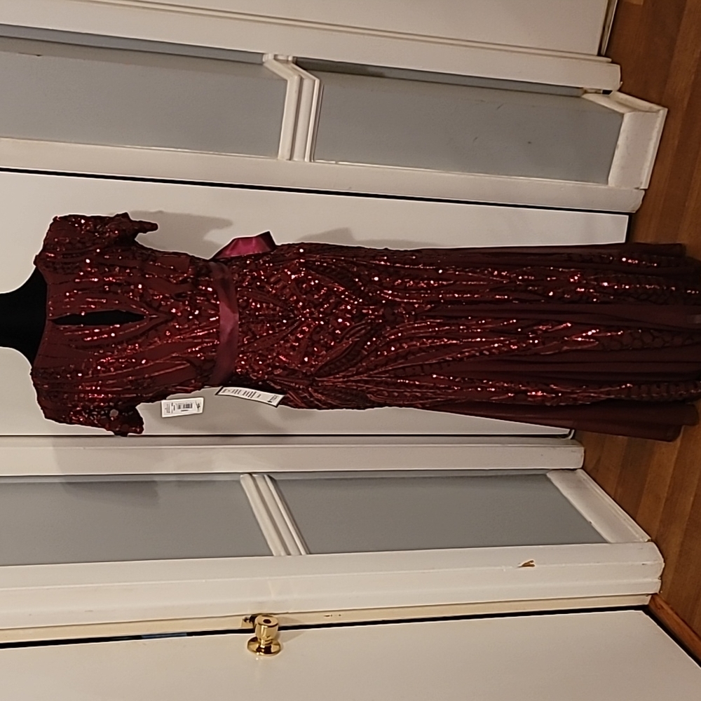 R & M Richards Burgundy Sequin Evening Gown - Picture 6 of 12